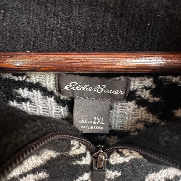 Eddie Bauer Houndstooth Knit 2XL Quarter Zip Sweater Black White Cozy Warm - Picture 5 of 7